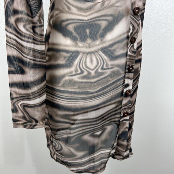 Miss Lola Dress Women Small Brown Retro Mesh Long Sleeve Button Up Casual Mini - Picture 12 of 15